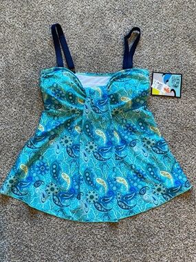 NWT Teal Paisley Tankini One-Piece Swimdress with Navy Straps